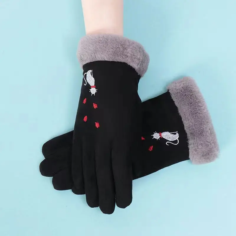 Fashion Winter Women Gloves Cute Embroidery Cat Furry Warm Cartoon Full Finger Mittens Lady Outdoor Sport Female Gloves T161