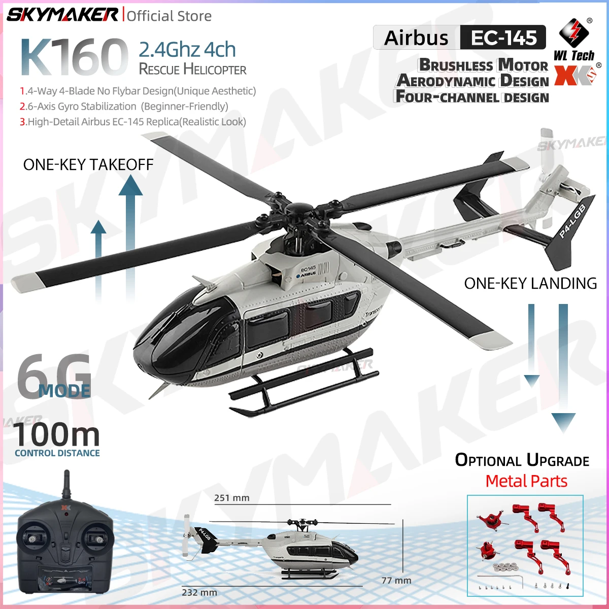 WLtoys K160 RC Helicopter 2.4G 6-Aixs Gyroscope 4CH Altitude Hold Optical Flow Remote Control Helicopter Toys for Children Gift