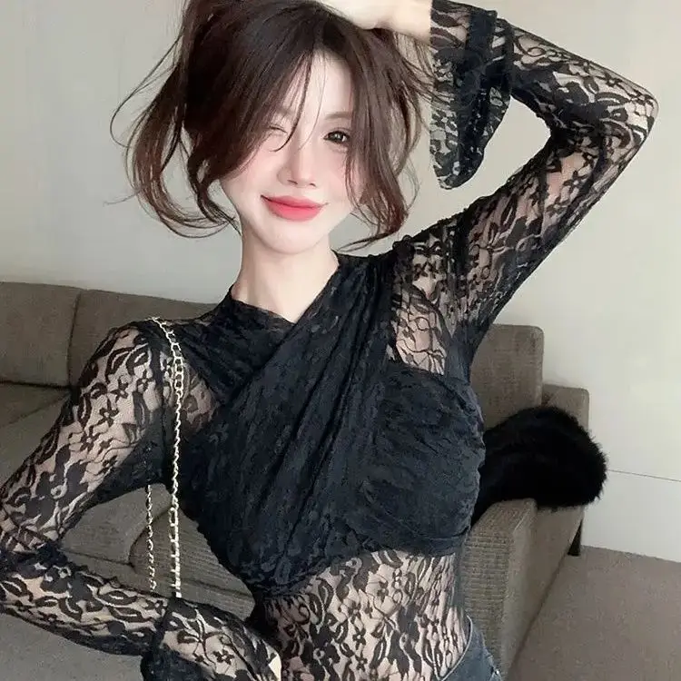 

Women T-Shirt 2024 Lace Mesh See-Through Sexy Slim Fashion Long Sleeve Going Out Black Tight Chic Versatile