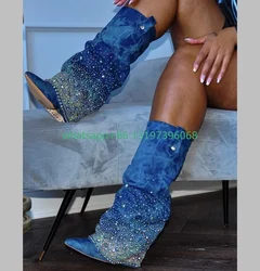 Lady blue cowboy suede rhinestone knee boots glitter crystal multicolor boots jeans denim boots vintage causal boots size 34-43