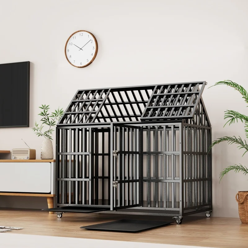 

Heavy Duty Large Dog Crate with 4 Lockable Wheels, Strong Metal Kennel for Big Dogs