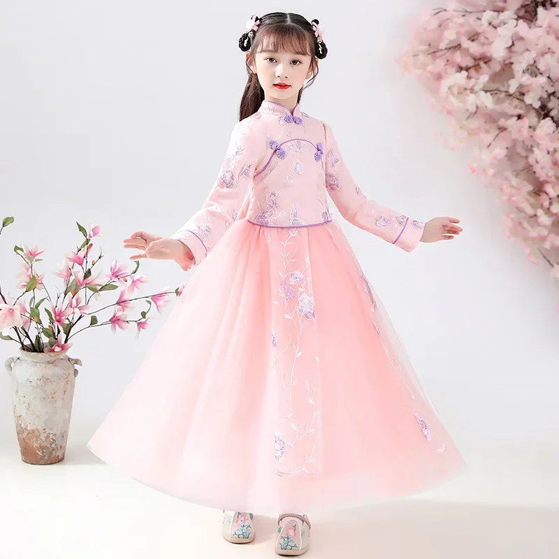 Chinese Confucian Tulle Dresses Children's New Year Gift 3-13T Girls Hanfu Layered Dress Princess Party Wedding Dance Dresses