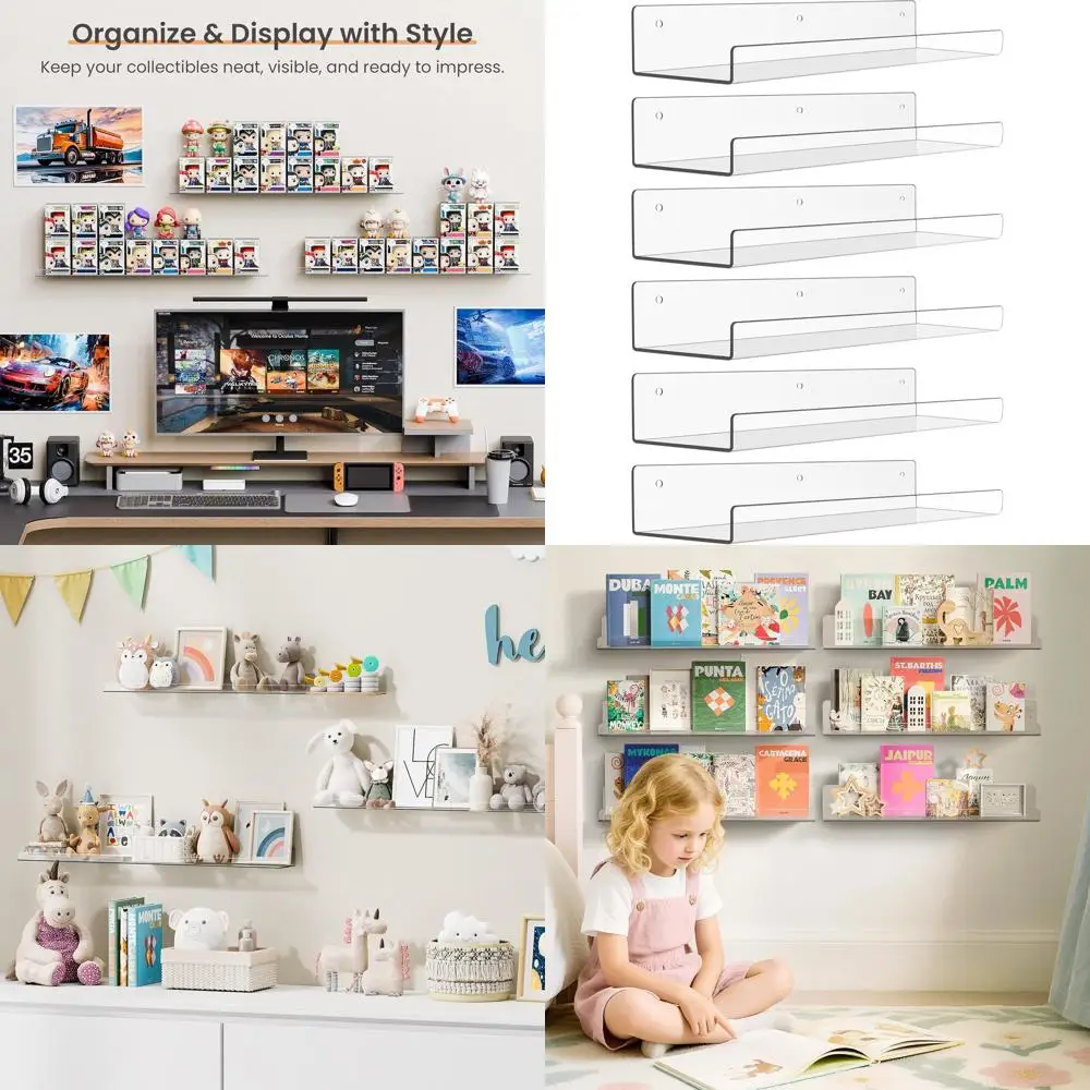 

Прозрачные акриловые 6-уровневые настенные полки, плавающее хранилище 15x4 для детских комнат, ванных комнат, спален и гостиных