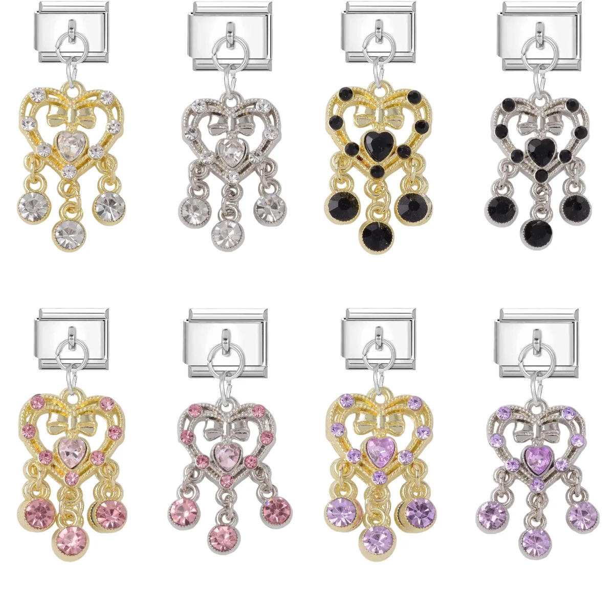Hapilife Fashion women Jewelry Bow Heart Tassel Rhinestone Dangle Italian Charm Links Fit 9MM Stainless Steel Bracelet DIY Gifts