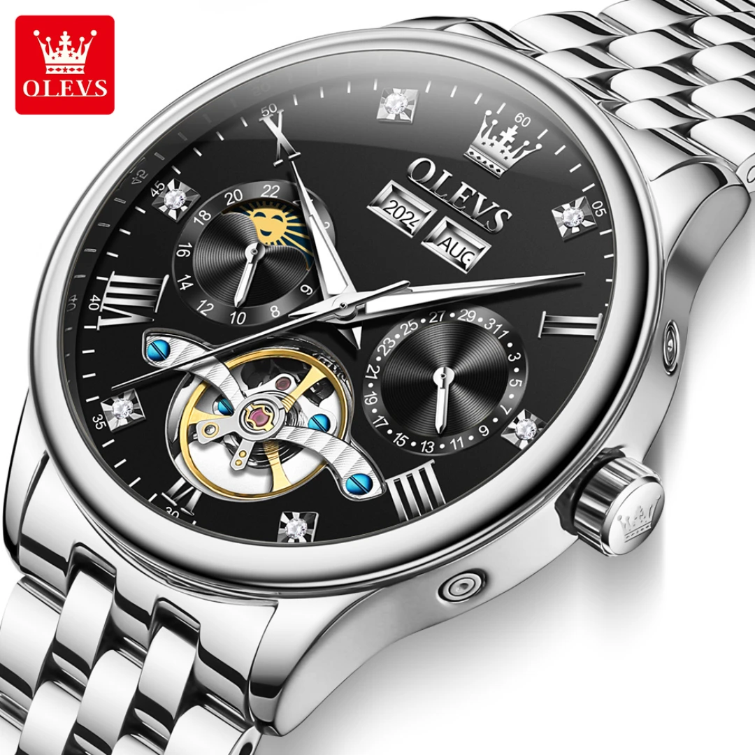 

OLEVS 7023 Механические модные часы в подарок с круглым циферблатом из нержавеющей стали, ремешок для часов, наручные часы с дисплеем недели, светящийся год