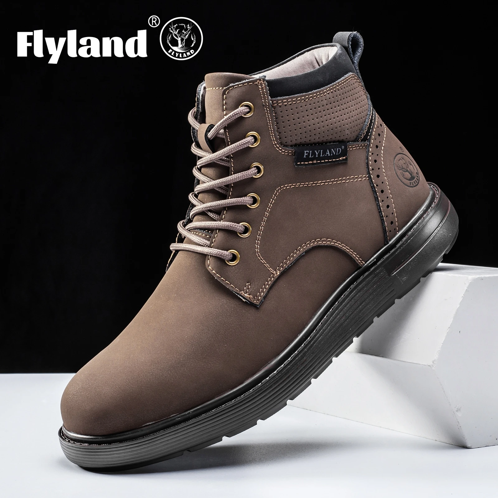 

FLYLAND Men's Casual Leather Shoes Fashion Vintage Handmade Chukka Boots Male Sneakrs