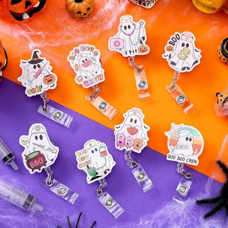 Cute Halloween Doctor Nurse Ghost Badge Reel Retractable Acrylic ID Card Holder Boo Boo Crew Medical Staff Name Tag Clip Keyring