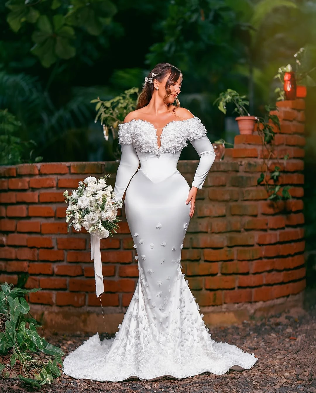 

Customized Off the Shoulder Long Sleeves Plus Size Wedding Dress Vestidos De Novia 3D Flowers Corset Back Mermaid Bridal Gown