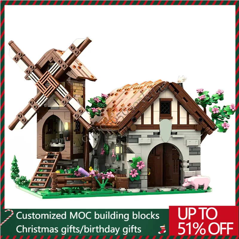 

1734 PCS Medieval Fortress Model Moc Building Bricks Mill And Blacksmith Shop Modular Sets Assembly Blocks Toys Christmas Gifts