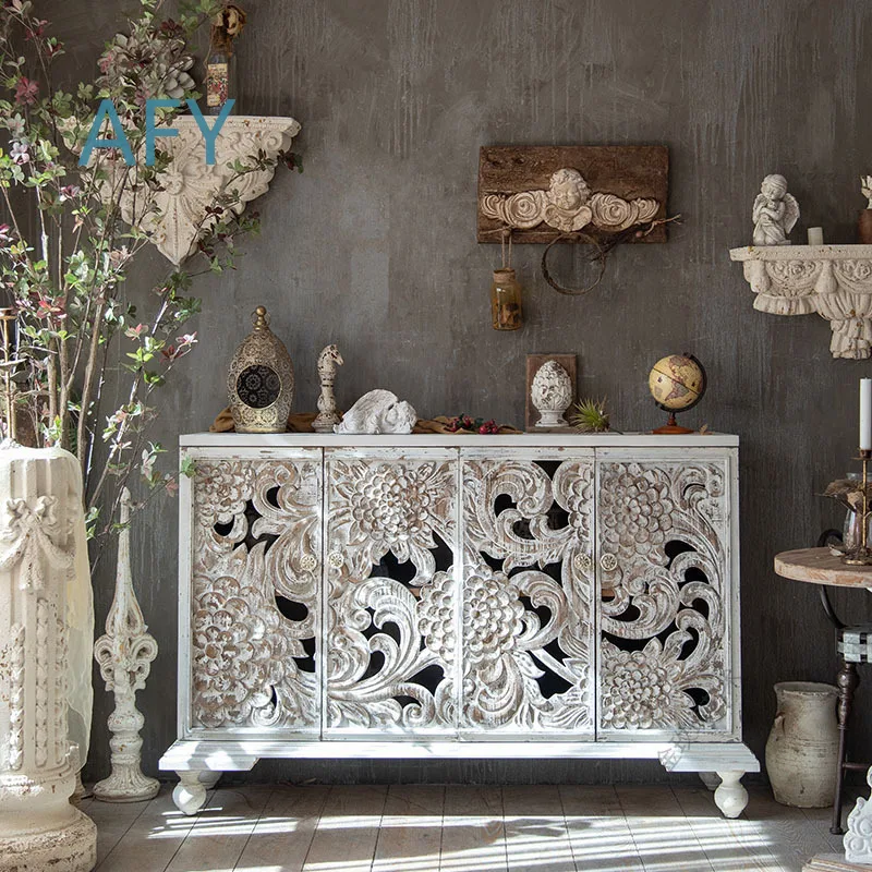 Retro Distressed Carved Entry Cabinet for Dining Room Sideboard for Living Room Industrial Style Hotel Decor Storage Cabinet