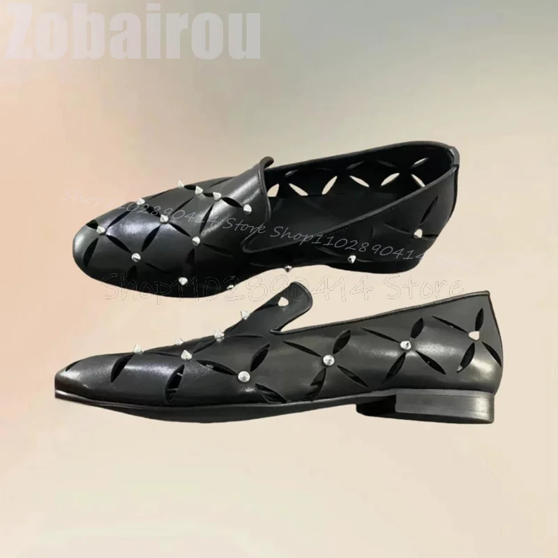 

Silver Rivets Decor Black Hollow Design Men Loafers Fashion Slip On Men Shoes Luxurious Handmade Party Banquet Men Dress Shoes