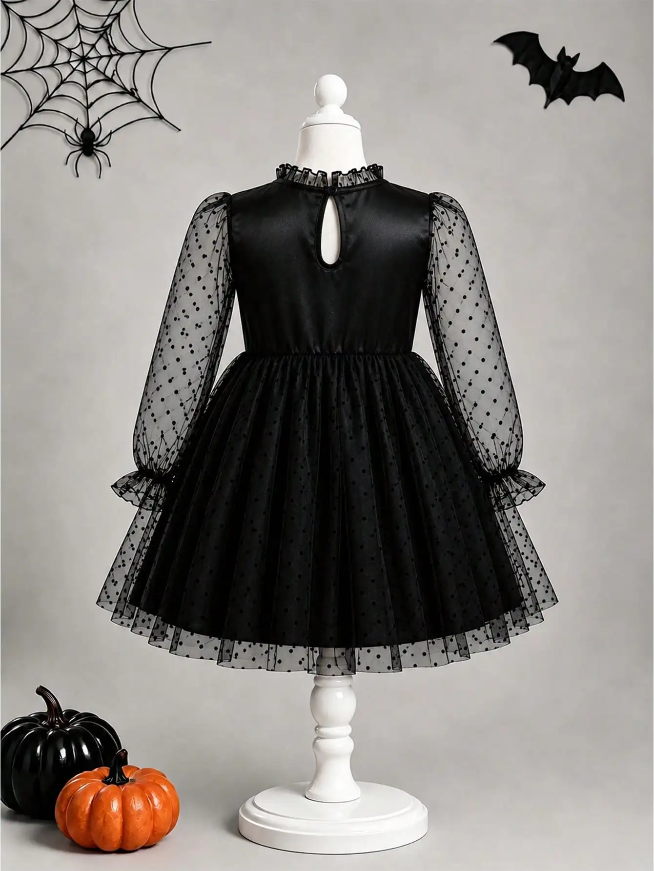 Girls' Autumn/Winter Halloween Rib Print Polka Dot Bubble Long Sleeve Bow Design Mesh Dress, Suitable For Daily Casual, Party, Holiday Atmosphere Outfits - view 2