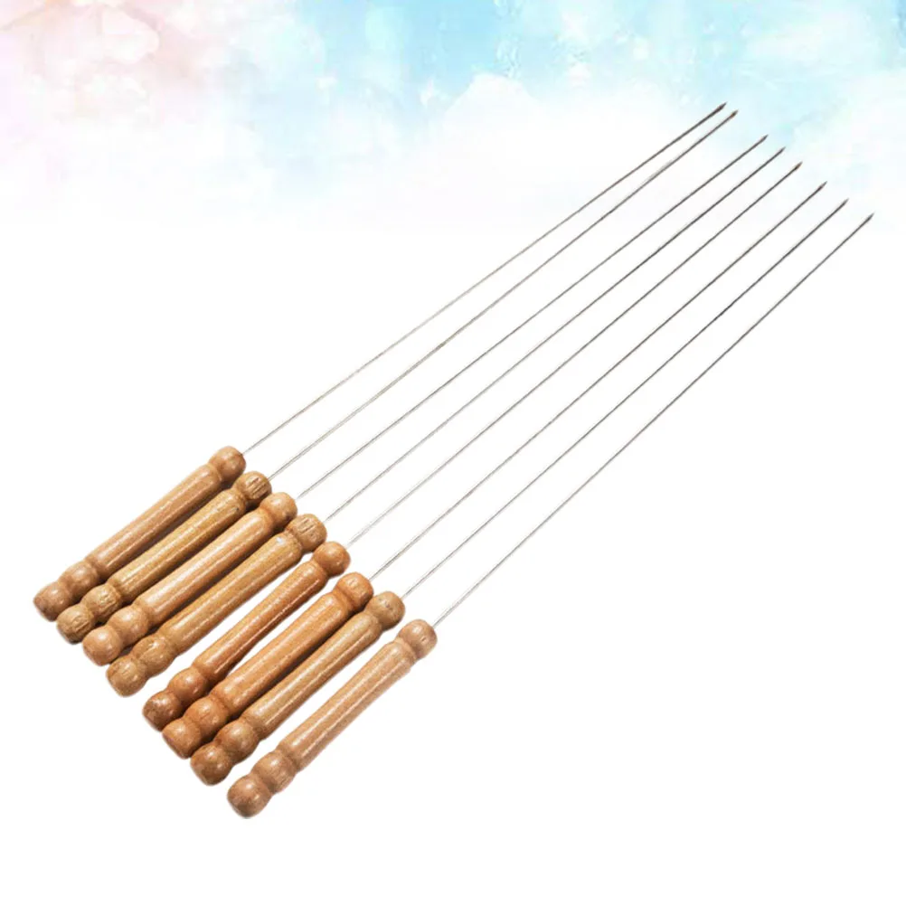 

12 Pcs Metal Barbecue Skewers Sticks Stainless Steel Outdoor Needles BBQ Wooden