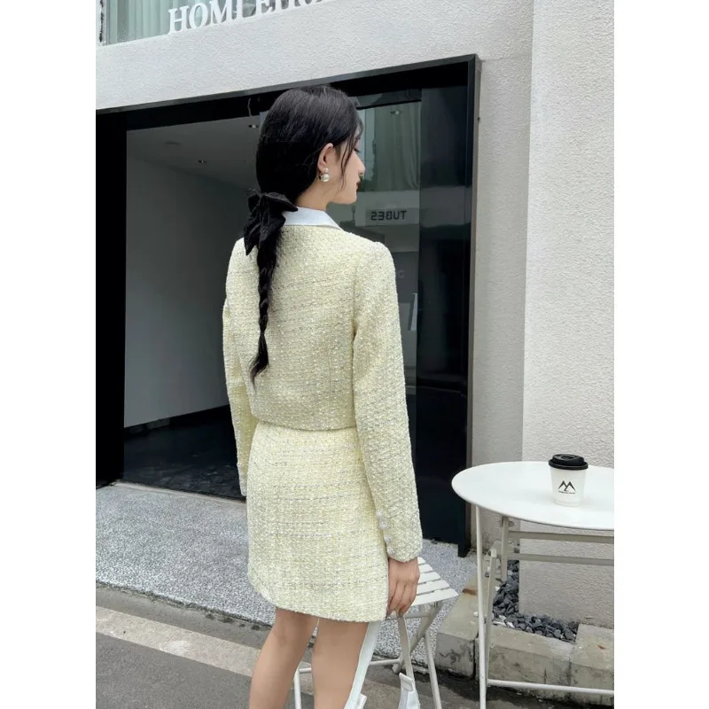 UNXX Autumn Small Fragrance Yellow Tweed Two Piece Set Women Crop Top Woolen Short Jacket Coat + Mini Skirts Sets 2 Piece Suits