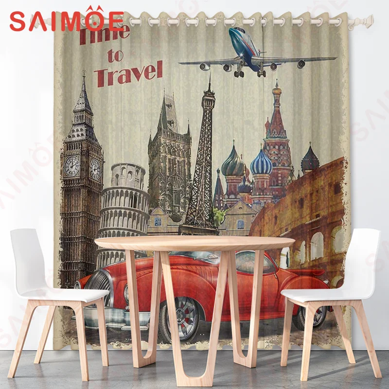 3D European American Retro Poster Pictures Curtains Phone Booth Ferris Wheel Beach Coconut Tree Thin Polyester Fabric Decorative