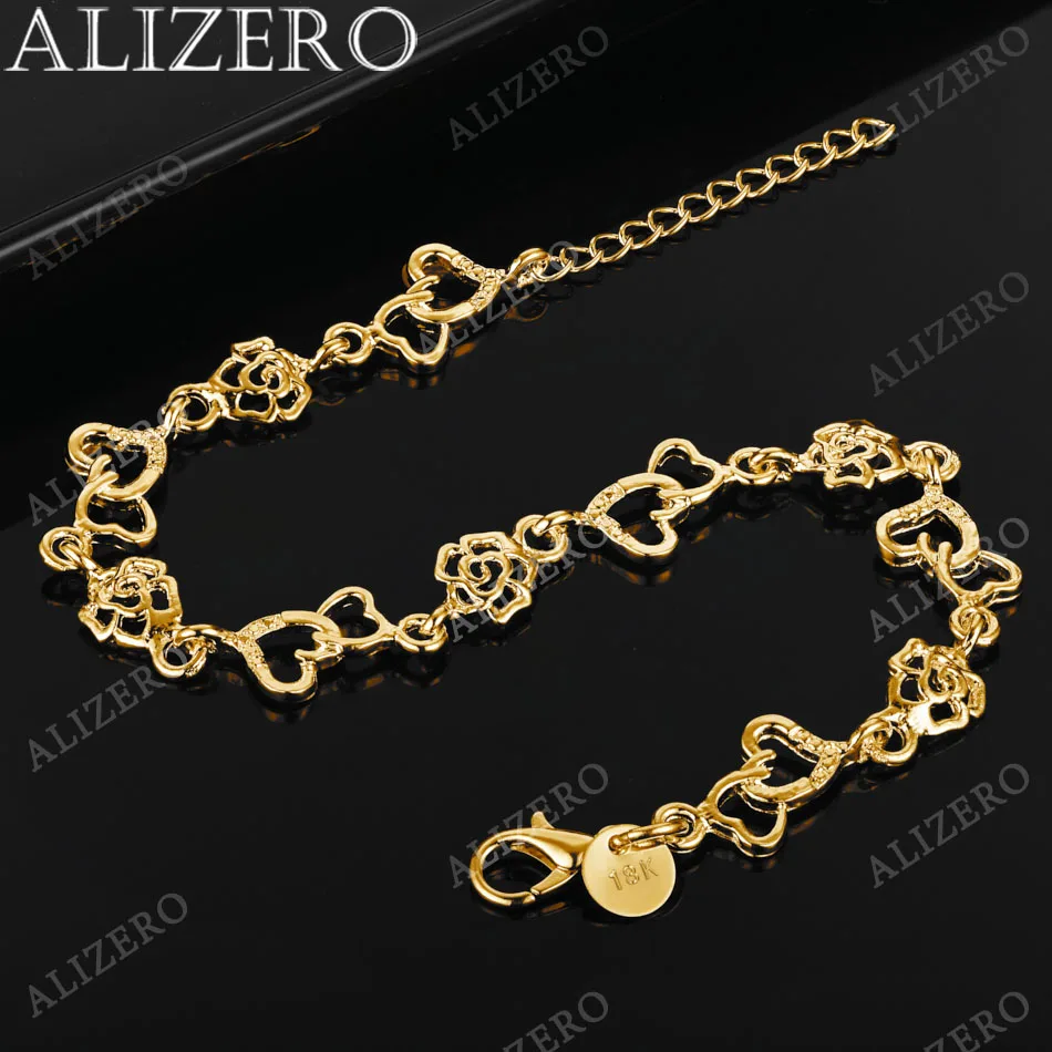 ALIZERO 925 Sterling Silver 18K Gold Rose Flower Heart Bransoletki dla kobiet Ślub Bankiet Impreza Prezent Moda Charms Biżuteria