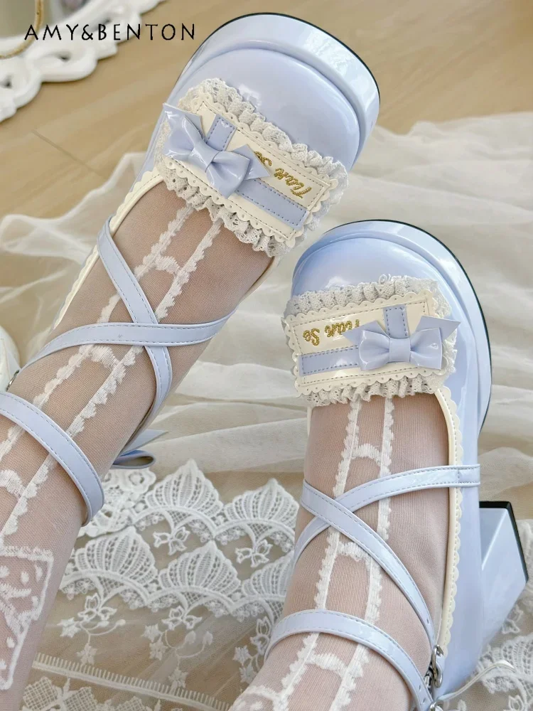 

Original Lolita Elegant High Heels Cute Girl Bow Sweet Round Head Heels Japanese Princess Womens Shoes Kawaii Mary Jane Shoes