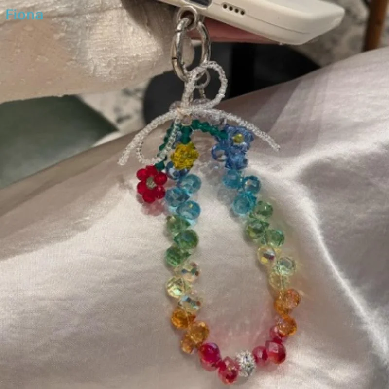 

✔Handmade Rainbow Beaded Phone Charm with Flower & Bow,Cute Colorful Glass Bead Keychain for Bag & Phone Decor