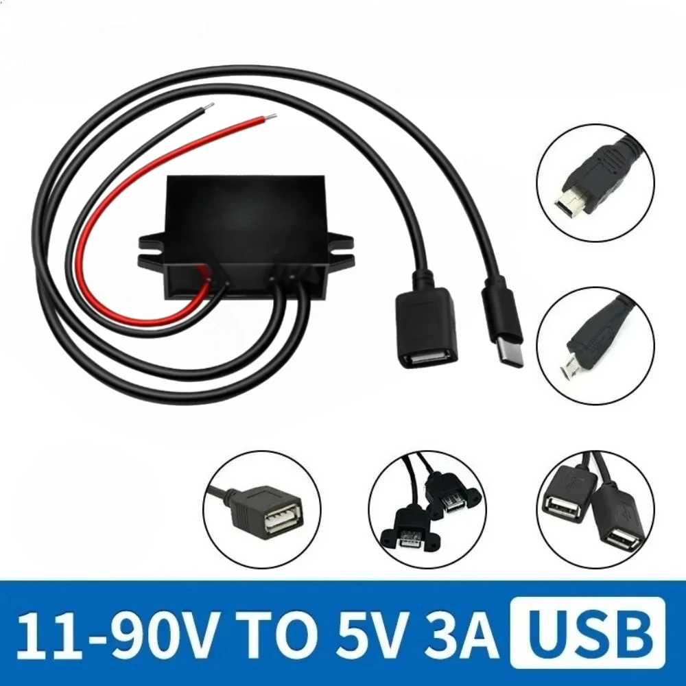 

60V 72V 11-90V to 5V 3A 15W DC Converter Type-C Male Mini Micro Buck Power Supply Car Charger for Mobile Phone Charging Socket