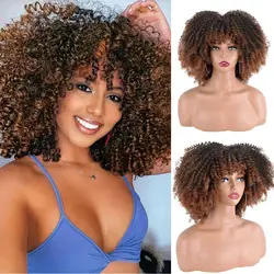 Peruca Sintética Curly Afro com Franja para Mulheres Negras, Cabelo Kinky, Perucas Cheias