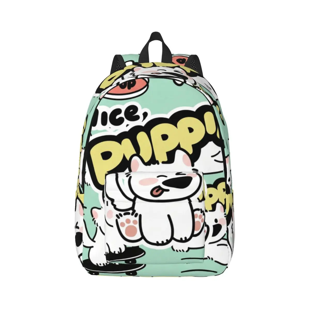Personalized College Backpack Tossed Puppy Stickers Whimsical Illustration Solid Mint Green Multi Polyester Laptop Bookbag Daily