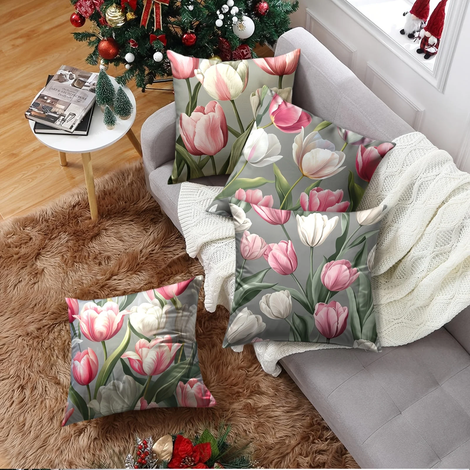 4 fundas  cojín mornas con estampado  tulipanes - Fundas contemporáneas en tonos neutros, iales para coración  sofá,