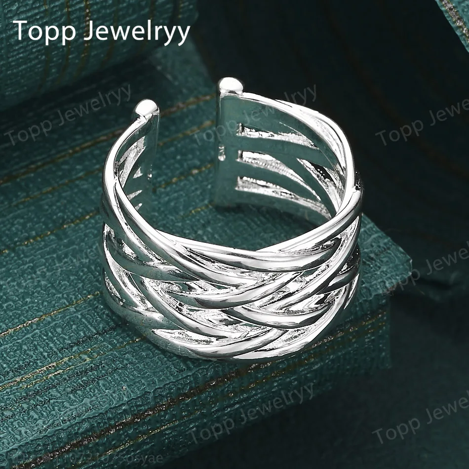 Charm 925 Sterling Silver Simple Wide Braided Open Ring Gift Jewelry Fashion Women Charm Ring