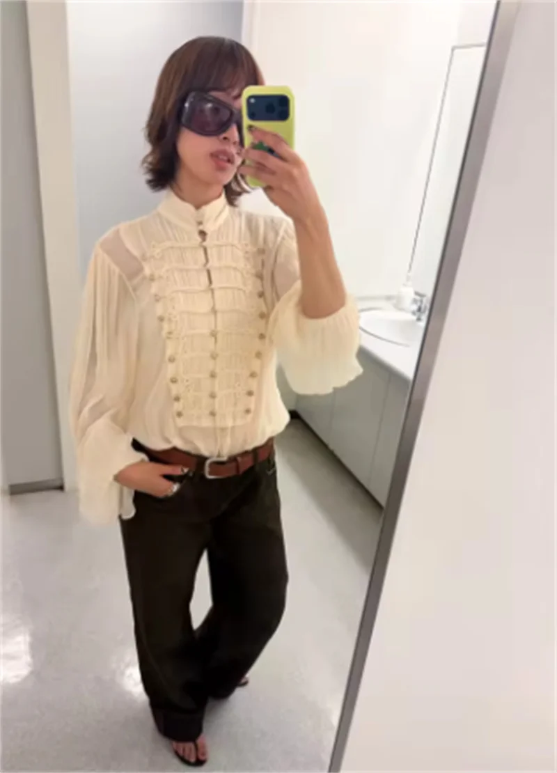 Guobioziy Women's Shirt 2026 Spring and Autumn New French Sweet Long Sleeve Stand Collar with Rope Knot Napoleon Shirt Top