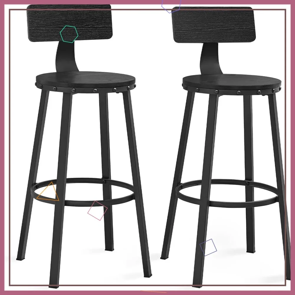 

Набор из 2 промышленных барных стульев с поддержкой спины, стулья высотой 28,9 дюйма для кухонной столовой, простая сборка