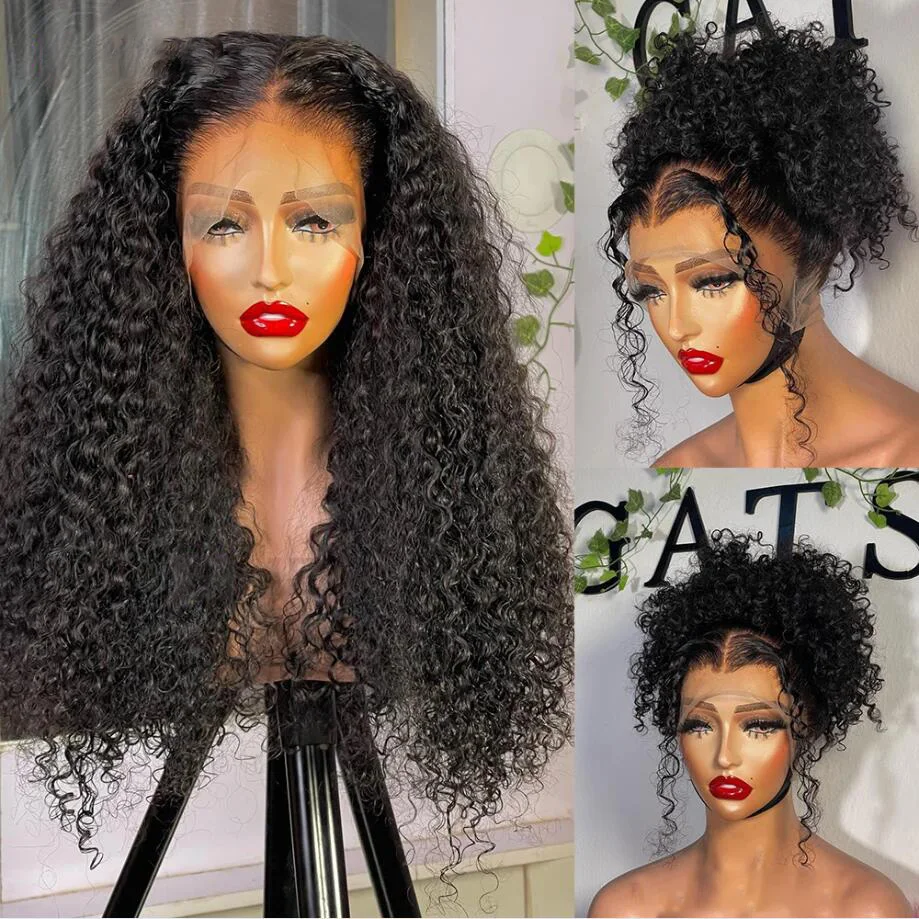 Soft Preplucked 26Inch Long Natural Black Kinky Curly 180Density Deep Lace Front Wig For African Women Babyhair Glueless Daily