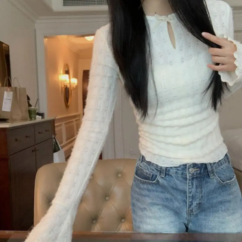 

Korean Style Sweet Long Sleeve T-shirt Chic Bell Sleeves Knitwear Women Bottoming Shirt Slim Fit Pullover Streetwear