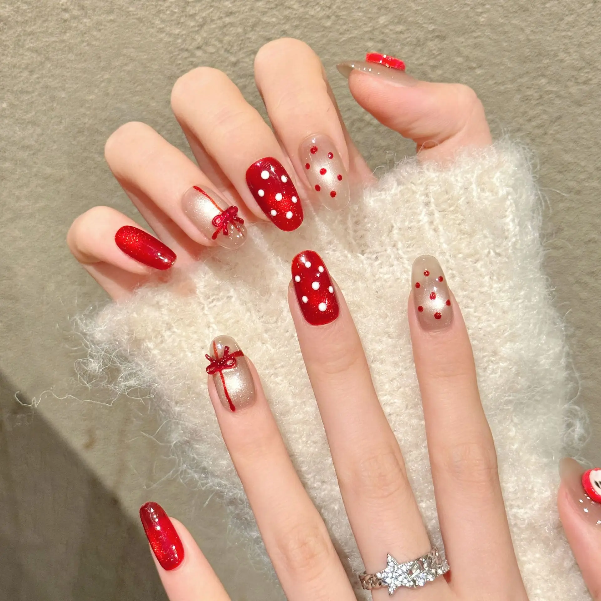 

10PCS Handmade Short Oval Press On Nails Red Brown Nude Transparent Apple 3D Polka Dot Design With 4-PIECE Tool Adhesive Nail