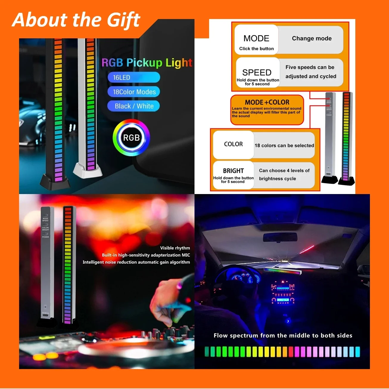 PowerUP 3Mode RGBCW Night Light&Rhythm Battery Indicator Design Symphony Pick Up Sound Control Music Ambient Light for Desk/Kids