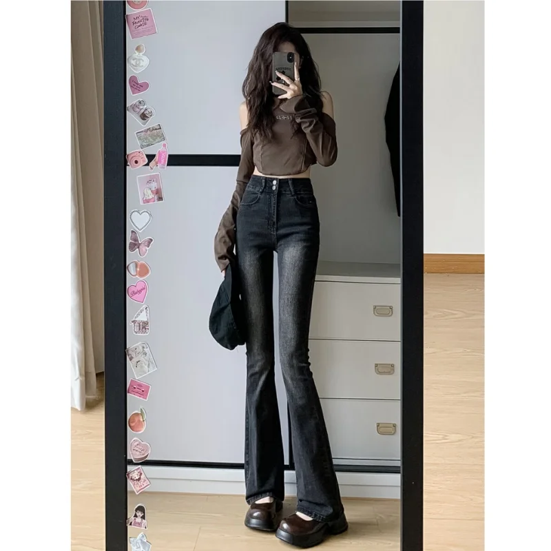 

Thickened Fleece High Waist Slim Fit Bootcut Jeans Women's Warm Cotton Stretch Denim Winter Fashion High Rise Bootleg Pants
