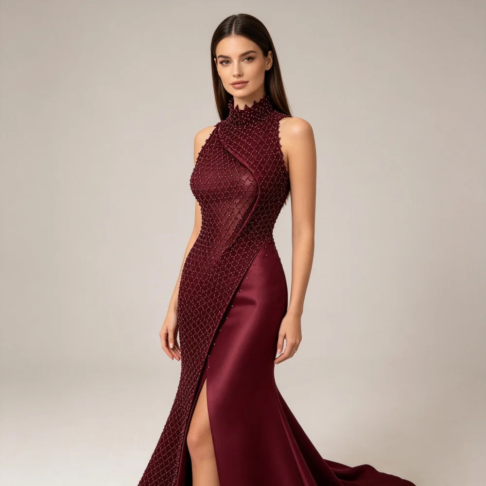Customized Burgundy High Neck Sleeveless Mother Of Bride Dresses Grid Rhinestone Mesh Satin High Slit Mermaid Train Formal Gown
