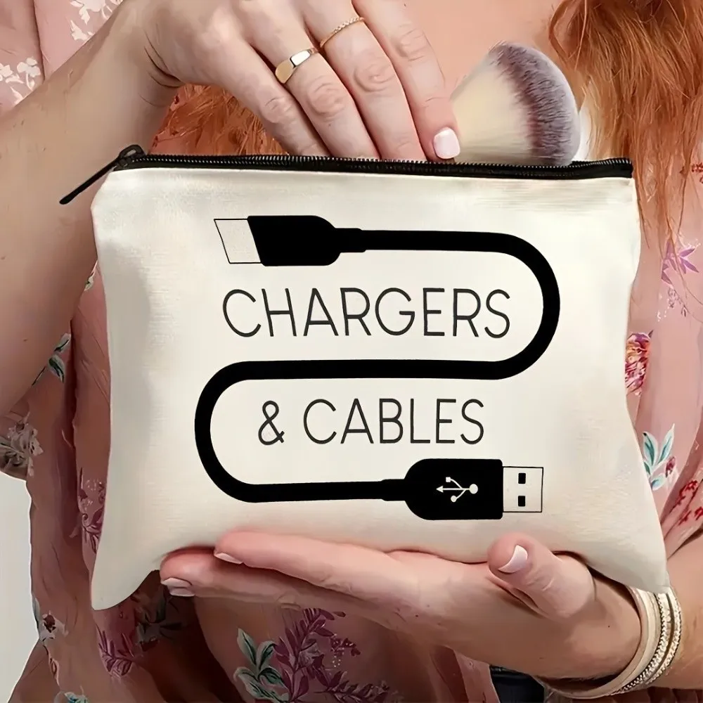 New Canvas Charger Storage Pouch Print Design Large Capacity Cable Organizer Bag Zipper Closure Electronics Bag Travel Use