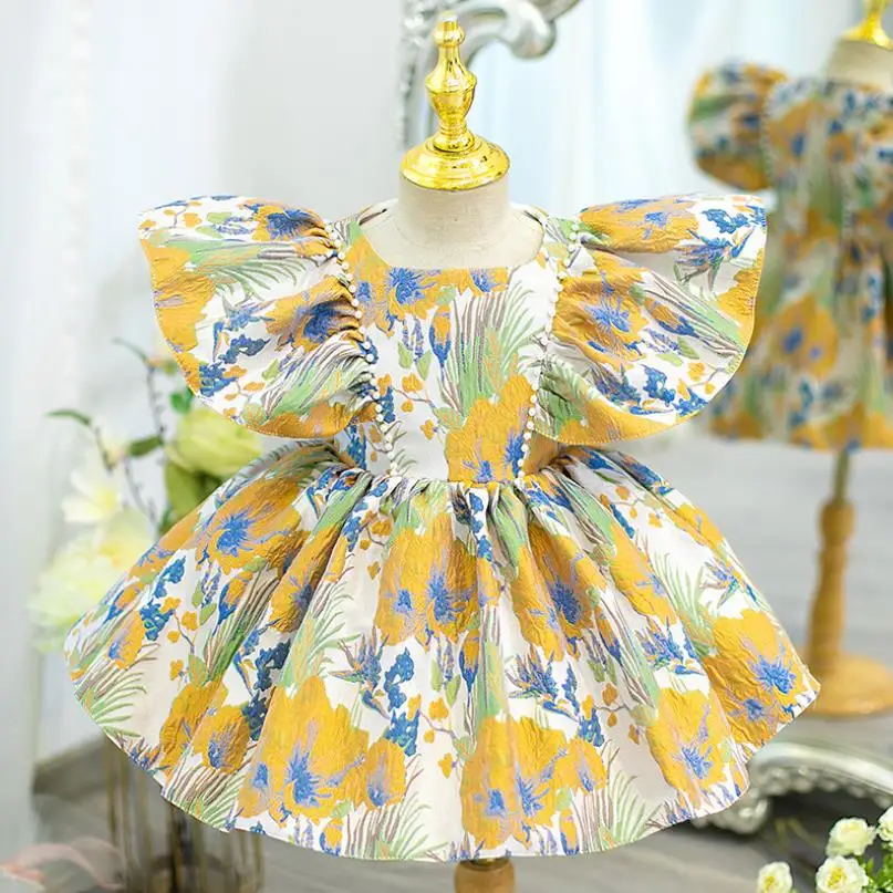 2023 New Children Boutique Princess Evening Gown Pearls Print Design Wedding Birthday Baptism Eid Party Girls Dresses A3187