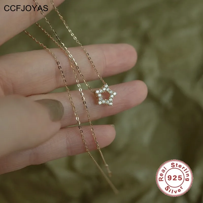 

CCFJOYAS 14k Gold Plated Charming Hollow Pentagram Pendant Necklace 925 Sterling Silver Inlaid Zircon Exquisite Chain Necklace