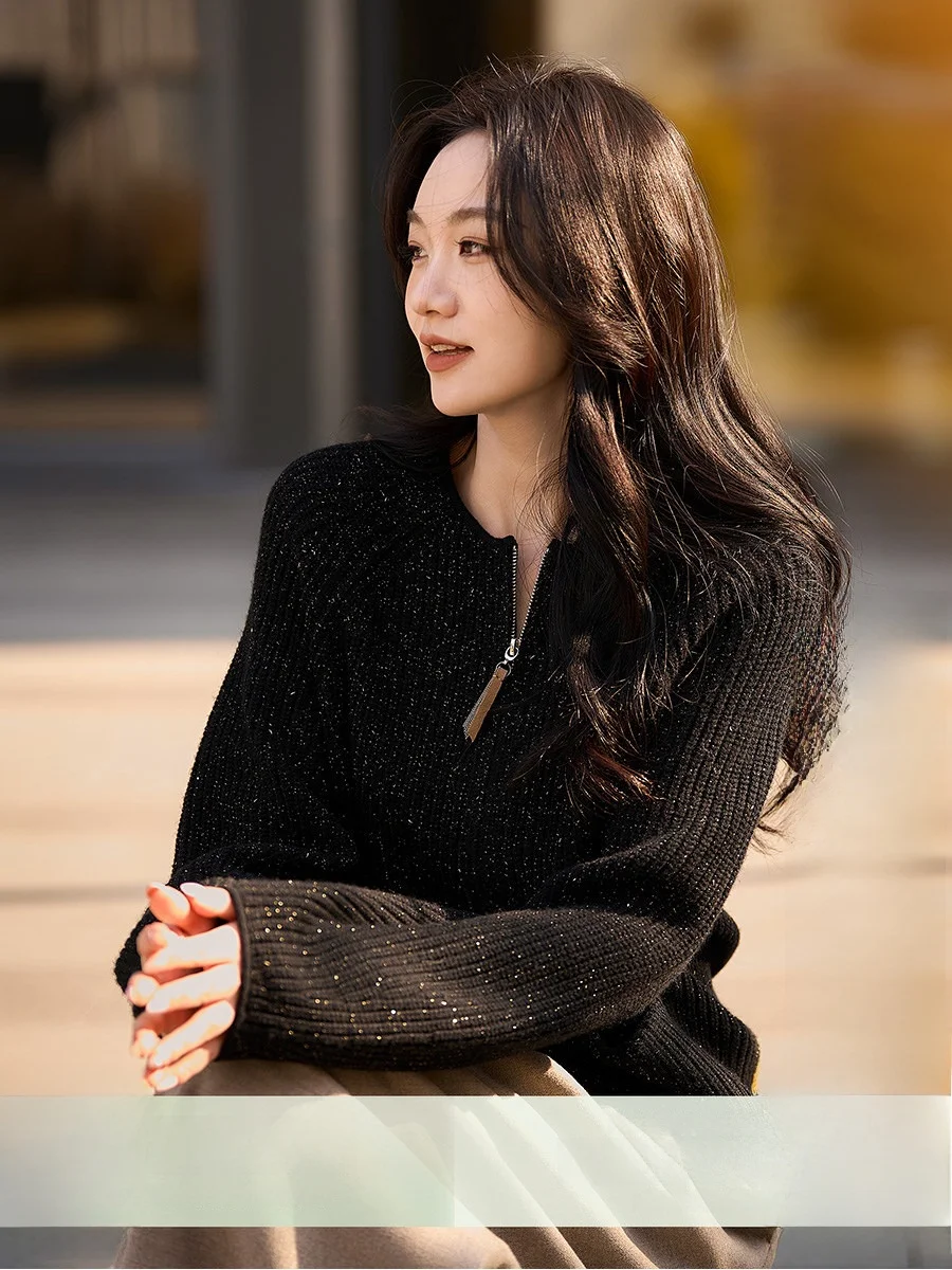 

Xhange Soft Light Filter Organic Wool Camere Glitter Double Zipper Knitted Jaet Women's Regular Fit Commute Sle ort Coat