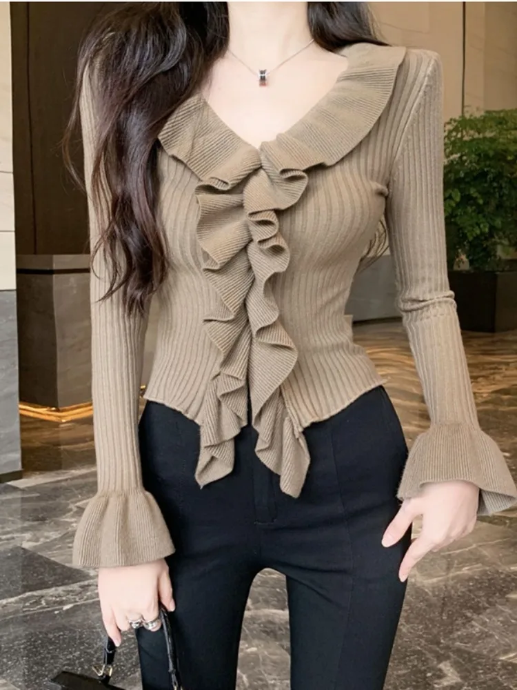 Ezgaga Knitted Sweater Women French Style Ruffles Basic V Neck Flare Long Sleeve Slim Stretch Sexy Elegant Pullover Female Tops