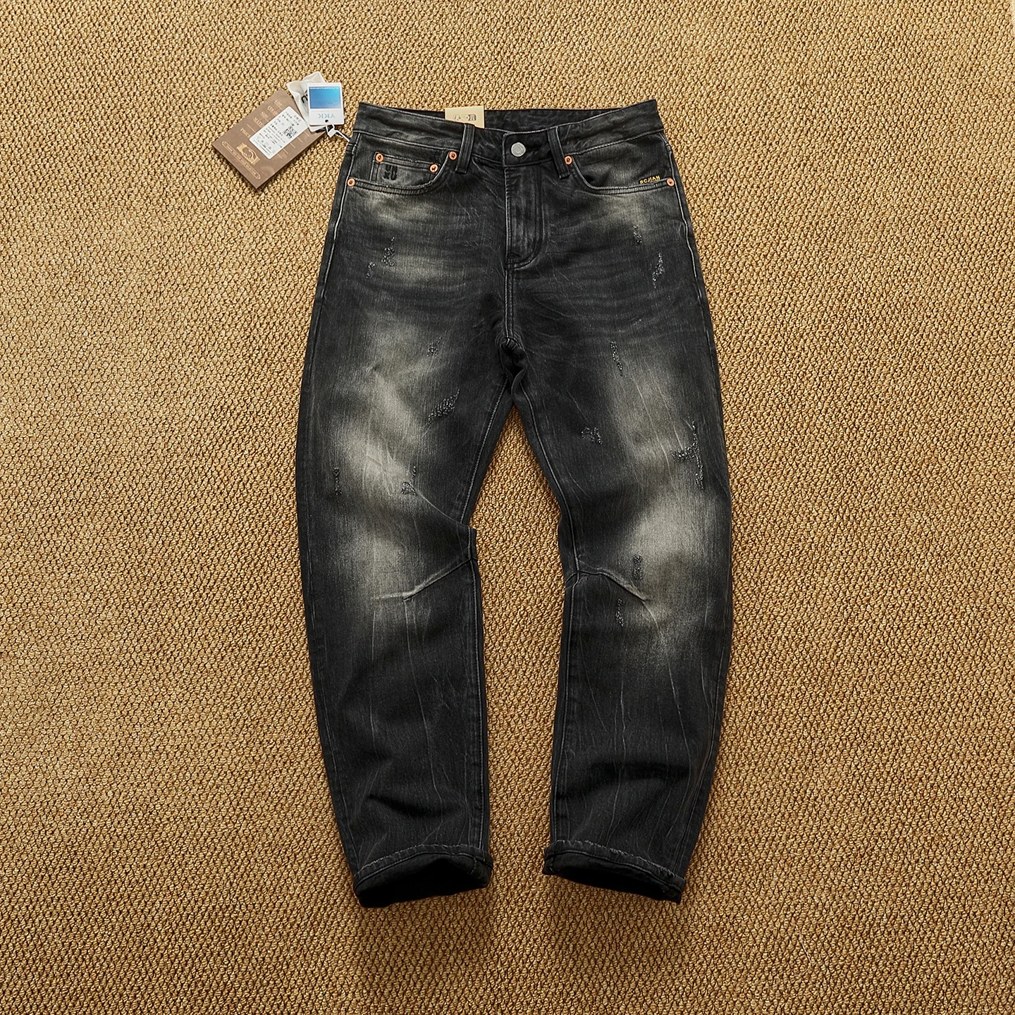 

Autumn American casual heavy wash advanced black gray retro jeans men's patch straight micro tapered pants trendy