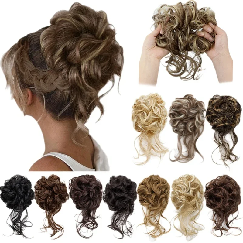 Synthetic Curls Chignon Updo Hair Buns for Women Messy Curly Bun Extensions Ombre Brown Elastic Scrunchies Hairpieces
