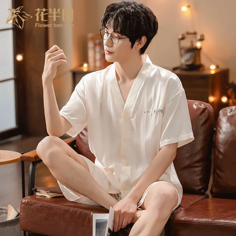 Pajamas Male Summertime Ice Silk Cool and Thin Short Sleeve Loose Large Size Fallow Top Grade Loungewear Summer Silk Suit