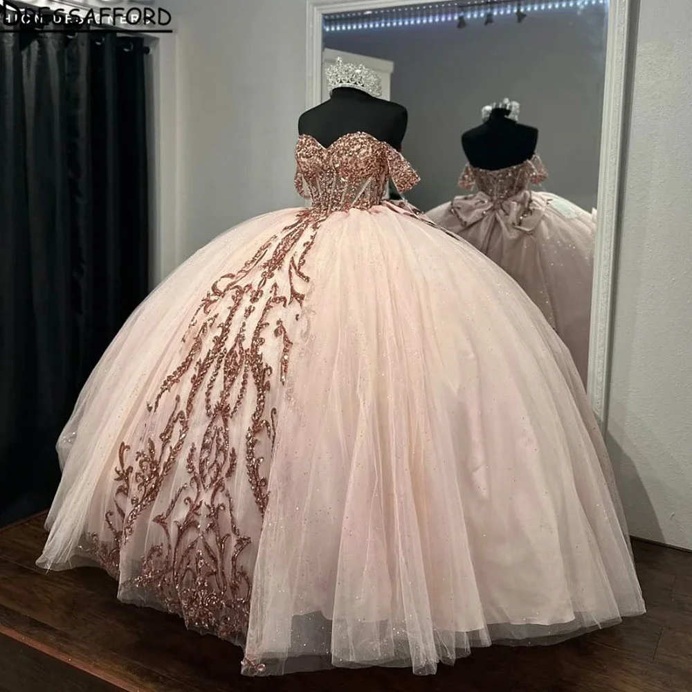 فستان الشمبانيا Quinceanera مع القوس ، يزين لامع ، عيد ميلاد حلو 16 فستان ، فساتين حفلات ، 15 سنة ،