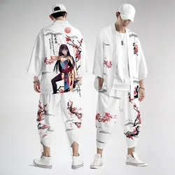 Conjunto de Top de Kimono con estampado negro para hombre, chaqueta y pantalones informales de moda, estilo japonés, talla grande 6Xl