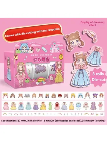 Autocollant de déguisement de princesse mignon, 1 boîte, ensemble de bandes Washi de dessin animé pour fille, autocollant de décoration de vêtements de personnage pour manuel d'enfants mignons