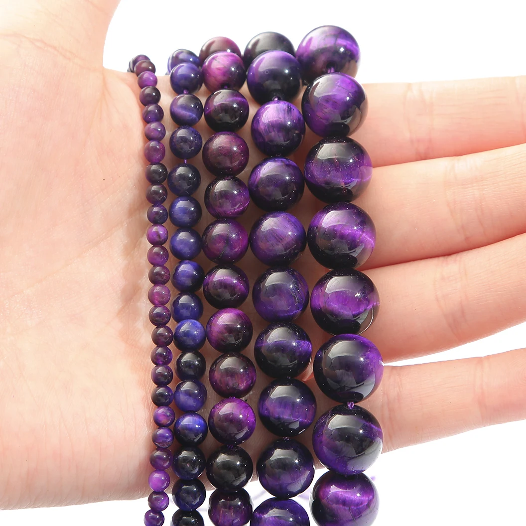 Natursteinperlen, lila Tigerauge, runde lose Abstandsperlen für die Herstellung von Schmuck, DIY-Halskette, Armband, Ohrring-Zubehör – Detail 1