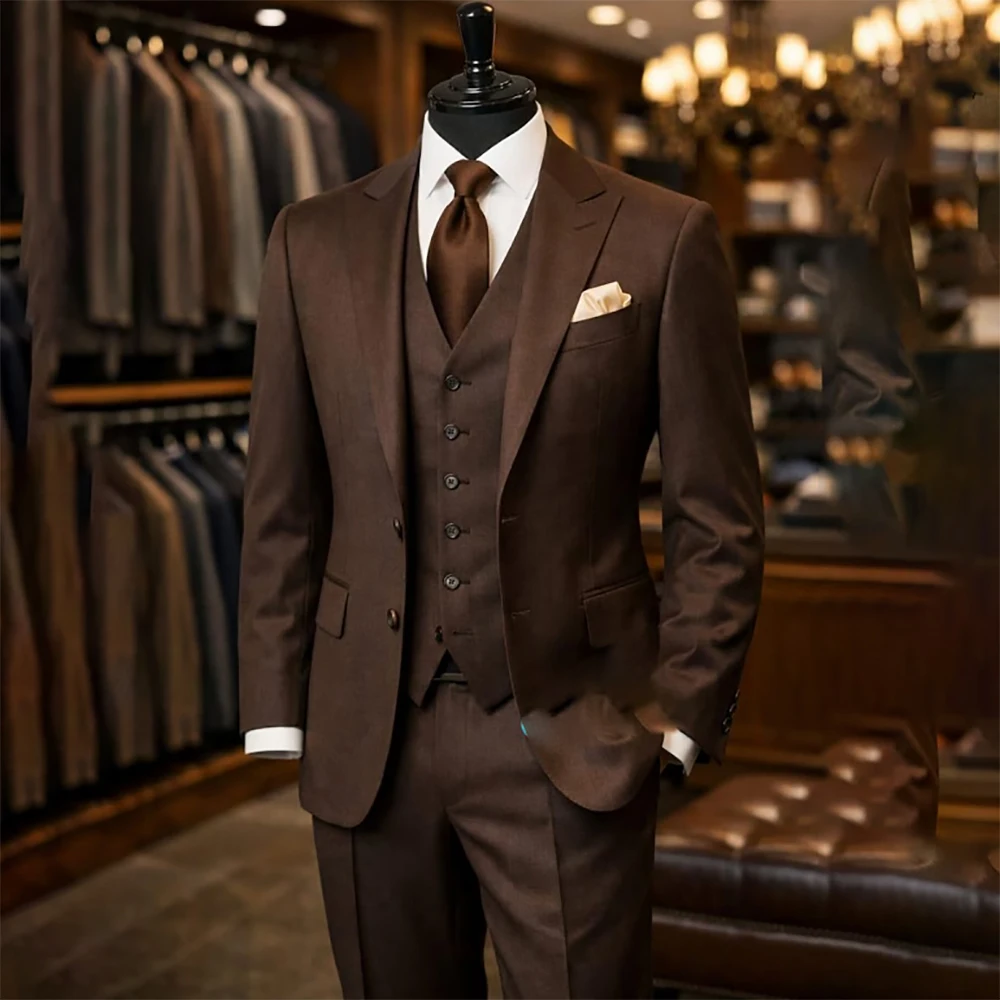 

Elegant Brown Men's Suits Formal Single Breasted Peak Lapel Slim Fit 3 Piece Jacket Pants Male Clothing Luxury Wedding Full Sets