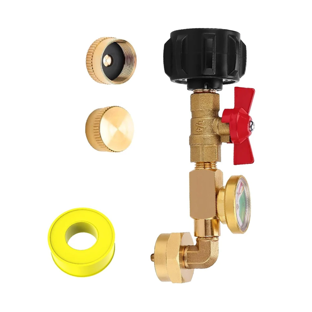 Brass Propane Refill Adapter with Visual 3-Color Gauge for Monitoring Level While Refilling 1 lb Propane Tanks