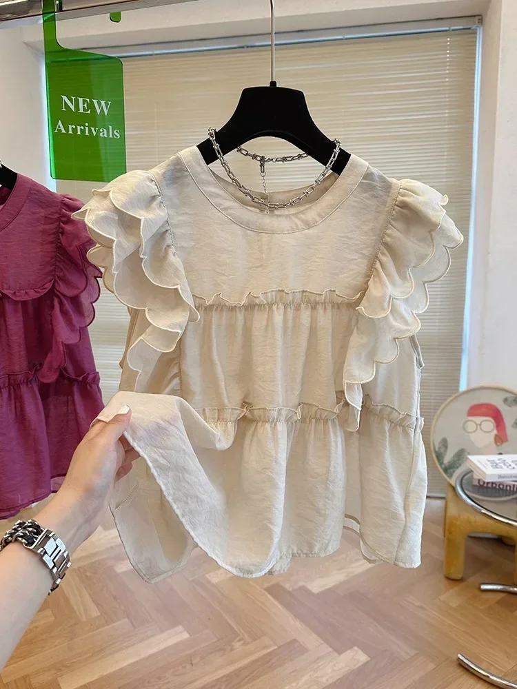 Shirts for Women Ruffled Fly Sleeve Round Neck Summer Sweet Doll  Loose Niche Sleeveless Top Blusas White  Blouses